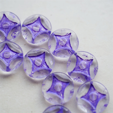 水晶透明描紫色~浮雕四角星星扁圆硬币珠捷克珠玻璃琉璃珠 15MM-6