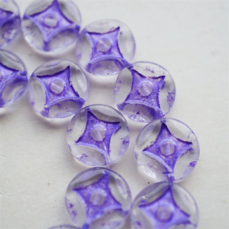 水晶透明描紫色~浮雕四角星星扁圆硬币珠捷克珠玻璃琉璃珠 15MM-7