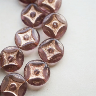 透紫晶色描玫瑰金~浮雕四角星星扁圆硬币珠捷克珠玻璃琉璃珠 15MM