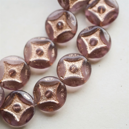 透紫晶色描玫瑰金~浮雕四角星星扁圆硬币珠捷克珠玻璃琉璃珠 15MM-3
