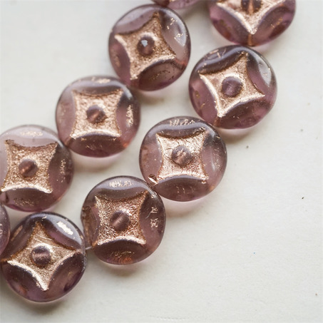 透紫晶色描玫瑰金~浮雕四角星星扁圆硬币珠捷克珠玻璃琉璃珠 15MM-4