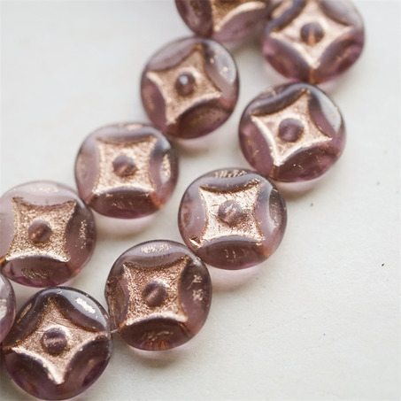 透紫晶色描玫瑰金~浮雕四角星星扁圆硬币珠捷克珠玻璃琉璃珠 15MM-5