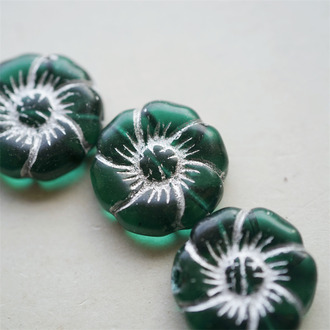透祖母绿色描银~捷克珠夸张大花朵玻璃琉璃珠 22MM