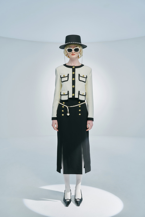 贴袋拼色西装短外套