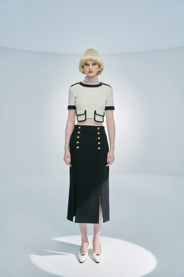 双排扣开叉铅笔裙