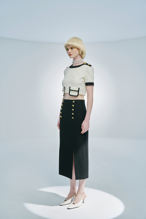 双排扣开叉铅笔裙