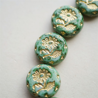 水染水彩松柏绿描金色~捷克玻璃琉璃花朵镶花边扁圆古董珠 18MM