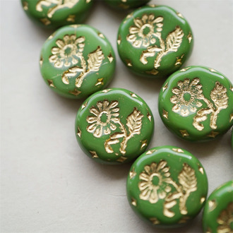 纯色油画绿色描金~捷克玻璃琉璃花朵镶花边扁圆古董珠 18MM