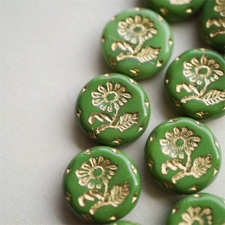 纯色油画绿色描金~捷克玻璃琉璃花朵镶花边扁圆古董珠 18MM-2