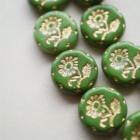 纯色油画绿色描金~捷克玻璃琉璃花朵镶花边扁圆古董珠 18MM-4