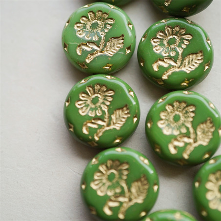 纯色油画绿色描金~捷克玻璃琉璃花朵镶花边扁圆古董珠 18MM-5