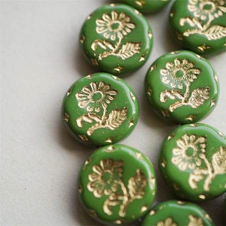 纯色油画绿色描金~捷克玻璃琉璃花朵镶花边扁圆古董珠 18MM-6
