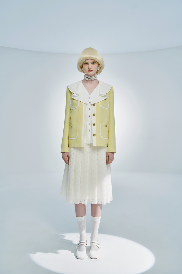 贴袋拼色V领西装外套