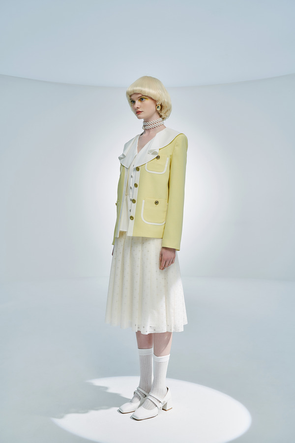 贴袋拼色V领西装外套