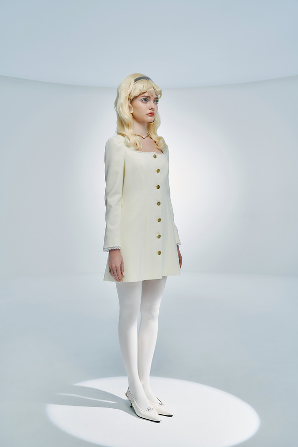 大U领亮片蕾丝花边修身连衣裙