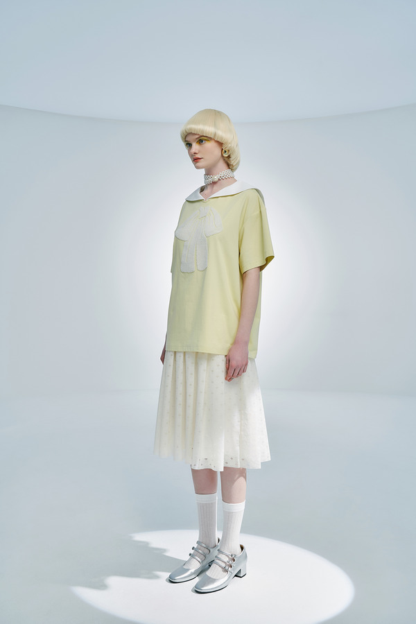 蝴蝶结钉珠刺绣可拆卸海军领T恤