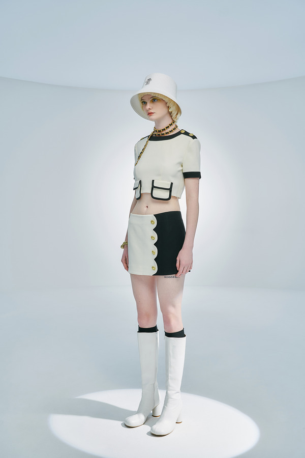 贴袋拼色短上衣