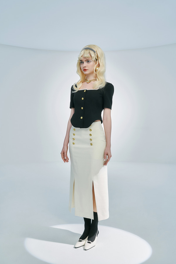 大U领亮片蕾丝花边修身上衣