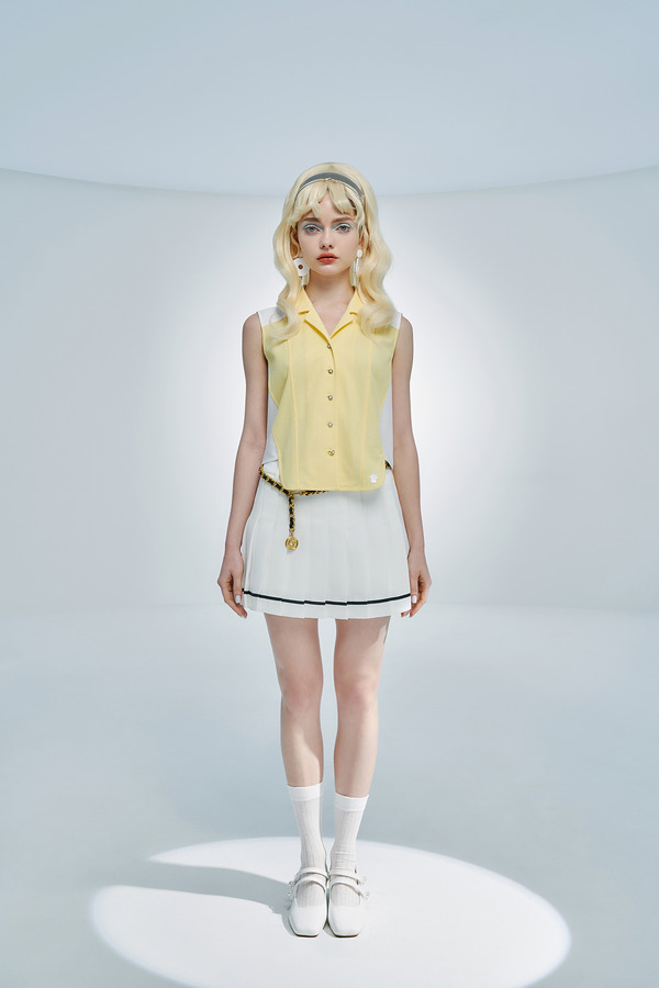 翻领拼接无袖上衣