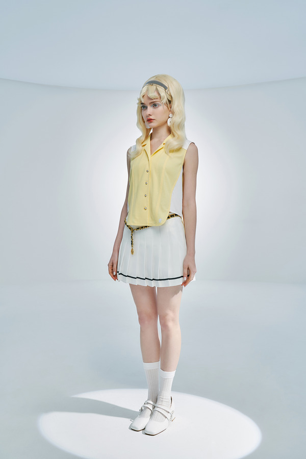 翻领拼接无袖上衣