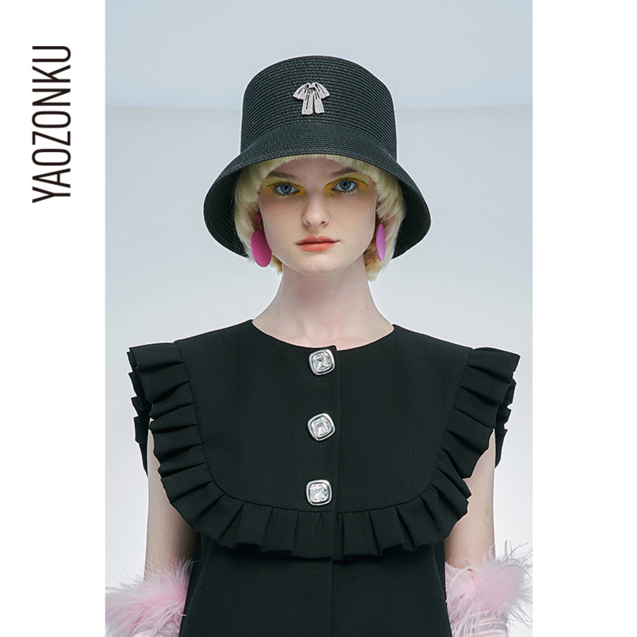 蝴蝶结钻饰草编渔夫帽