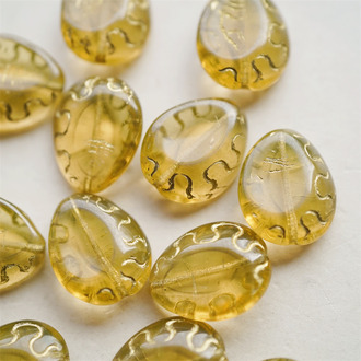 浅浅咖色描金透感~大号花纹浮雕水滴扁珠直孔捷克珠玻璃琉璃珠 18X14MM