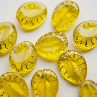 透感蜜蜡黄色描金~大号花纹浮雕水滴扁珠直孔捷克珠玻璃琉璃珠 18X14MM