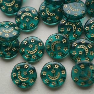 祖母绿描金色~星月花纹扁圆圆饼捷克珠玻璃琉璃珠 13MM