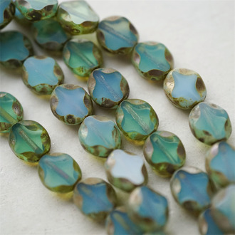 复古蛋白绿渐变毕加索色旧斑驳边框~小椭圆星星面捷克珠玻璃琉璃珠 9X8MM