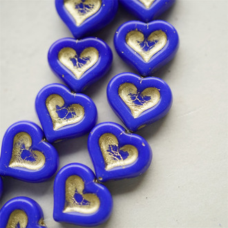 克莱因蓝描金色~复古少女爱心桃心捷克珠玻璃珠琉璃珠 14X12MM