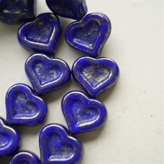 深蓝斑驳光泽金属色~复古少女爱心桃心捷克珠玻璃珠琉璃珠 14X12MM