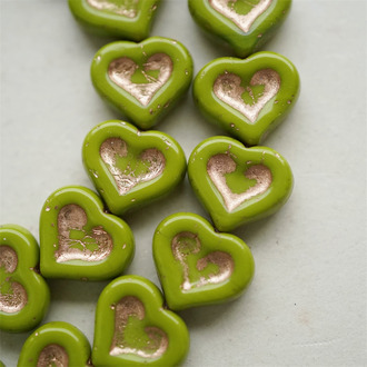 纯色橄榄绿描玫瑰金色~复古少女爱心桃心捷克珠玻璃珠琉璃珠 14X12MM