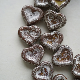 红咖色复古矿银色斑驳~复古少女爱心桃心捷克珠玻璃珠琉璃珠 14X12MM