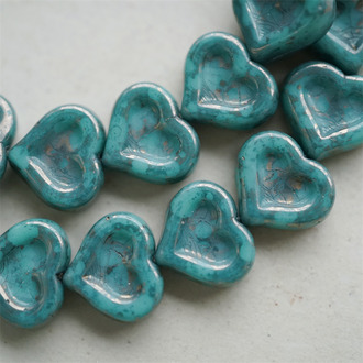 松石蓝绿斑驳光泽金属色~复古少女爱心桃心捷克珠玻璃珠琉璃珠 14X12MM