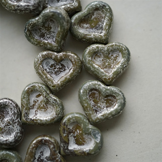 沼泽苔藓绿复古矿银色斑驳~复古少女爱心桃心捷克珠玻璃珠琉璃珠 14X12MM