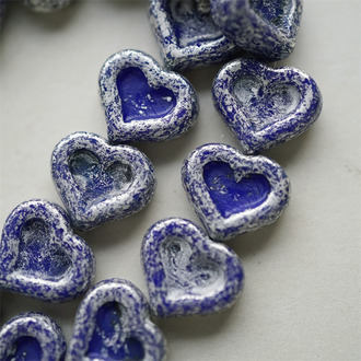 深蓝色复古矿银色斑驳~复古少女爱心桃心捷克珠玻璃珠琉璃珠 14X12MM