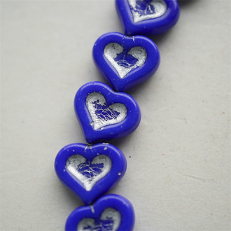 克莱因蓝描银色~复古少女爱心桃心捷克珠玻璃珠琉璃珠 14X12MM
