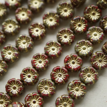 斑驳锈红色mix描金色~捷克珠夏威夷小花花琉璃珠玻璃珠DIY串珠材料 8MM