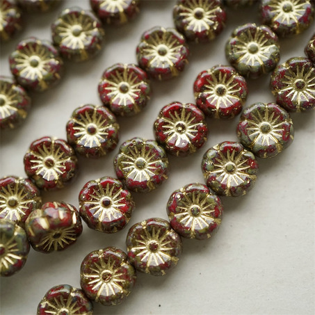 斑驳锈红色mix描金色~捷克珠夏威夷小花花琉璃珠玻璃珠DIY串珠材料 8MM-3