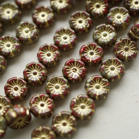 斑驳锈红色mix描金色~捷克珠夏威夷小花花琉璃珠玻璃珠DIY串珠材料 8MM-7