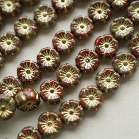 斑驳锈红色mix描金色~捷克珠夏威夷小花花琉璃珠玻璃珠DIY串珠材料 8MM-8