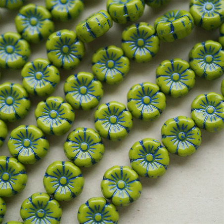 橄榄绿描蓝色~捷克珠夏威夷小花花琉璃珠玻璃珠DIY串珠材料 8MM