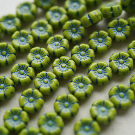 橄榄绿描蓝色~捷克珠夏威夷小花花琉璃珠玻璃珠DIY串珠材料 8MM-2
