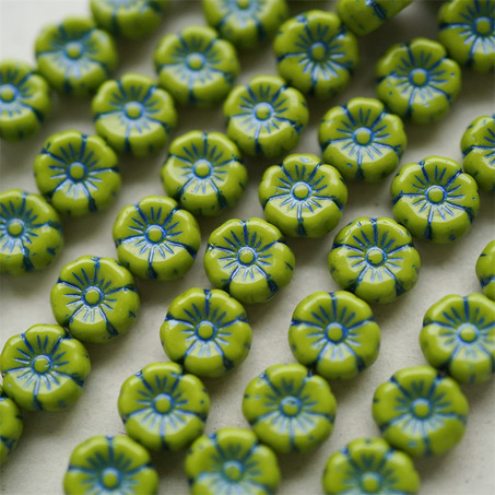 橄榄绿描蓝色~捷克珠夏威夷小花花琉璃珠玻璃珠DIY串珠材料 8MM-3