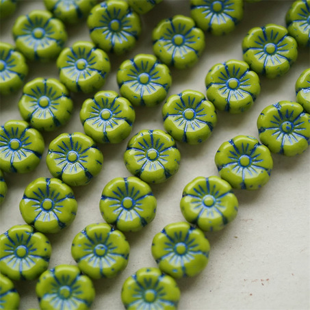 橄榄绿描蓝色~捷克珠夏威夷小花花琉璃珠玻璃珠DIY串珠材料 8MM-4