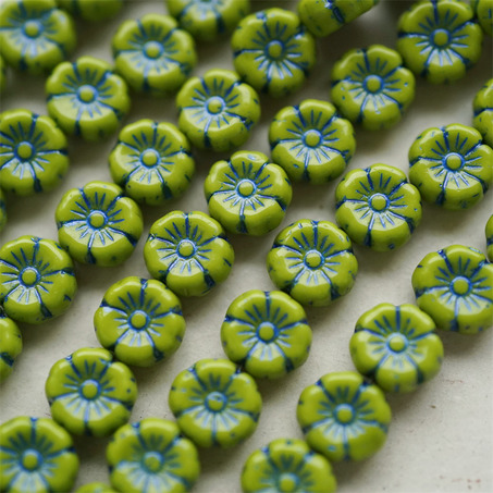 橄榄绿描蓝色~捷克珠夏威夷小花花琉璃珠玻璃珠DIY串珠材料 8MM-6