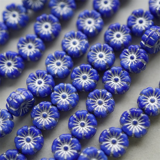 渐变牛仔蓝描银色~捷克珠夏威夷小花花琉璃珠玻璃珠DIY串珠材料 8MM