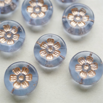 透雾霾蓝描玫瑰金色~刻印花朵少女复古扁圆捷克珠玻璃琉璃珠 16MM