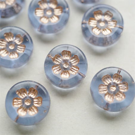 透雾霾蓝描玫瑰金色~刻印花朵少女复古扁圆捷克珠玻璃琉璃珠 16MM