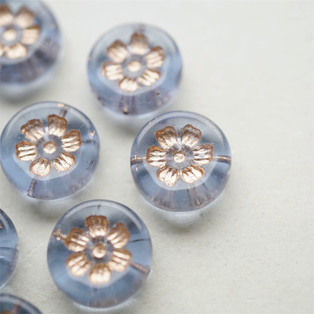 透雾霾蓝描玫瑰金色~刻印花朵少女复古扁圆捷克珠玻璃琉璃珠 16MM-3